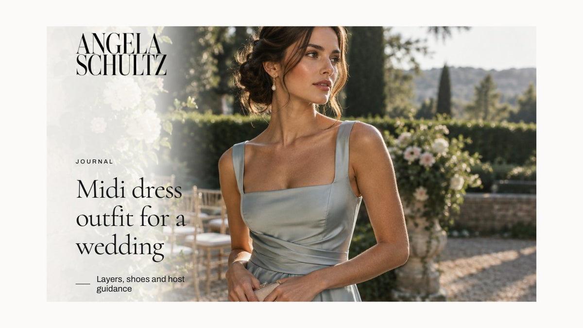 Woman wearing a pale blue dress in a garden with the Angela Schultz logo and article headline.