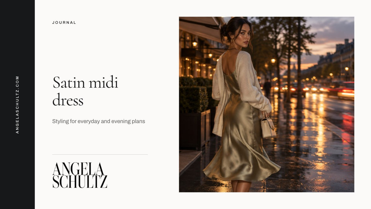 Woman wearing a satin midi dress in an evening setting with the Angela Schultz logo and article headline.
