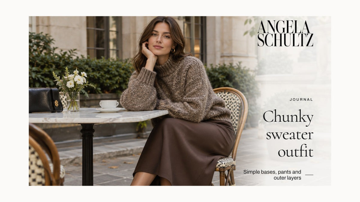 Woman wearing a chunky sweater with a skirt with the Angela Schultz logo and article headline.