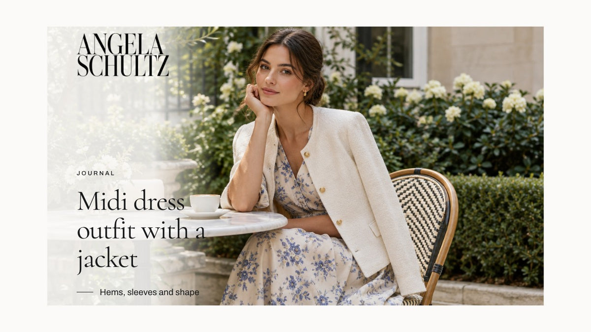 Woman wearing a cream jacket over a floral dress with the Angela Schultz logo and article headline.
