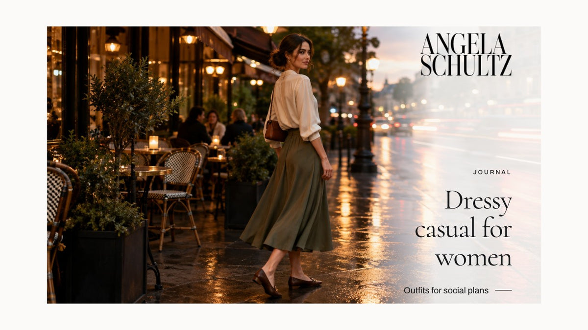 Woman wearing a light blouse with a flowing skirt with the Angela Schultz logo and article headline.