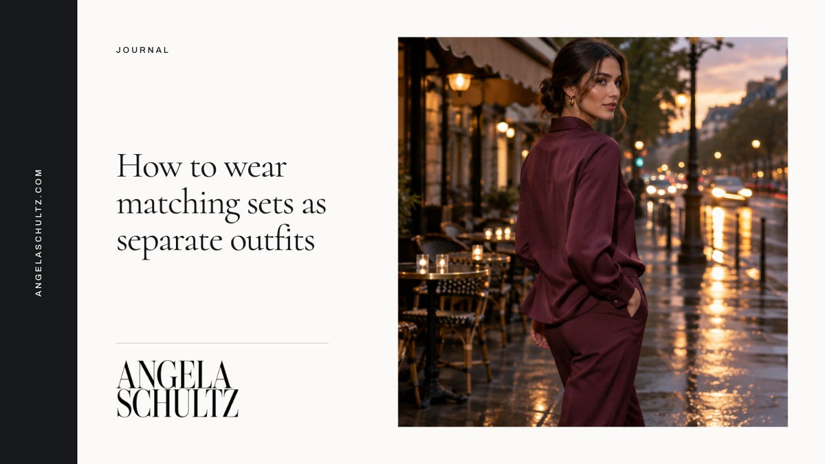 Woman wearing a burgundy matching set with the Angela Schultz logo and article headline.