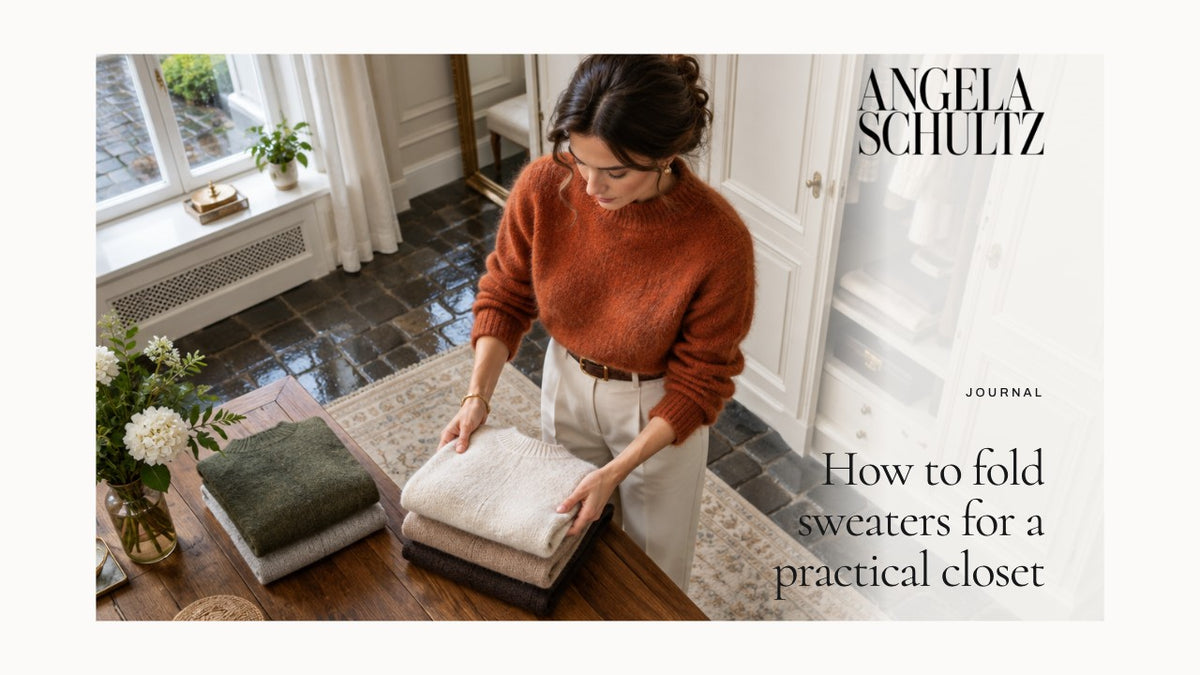 Woman folding sweaters on a table with the Angela Schultz logo and article headline.