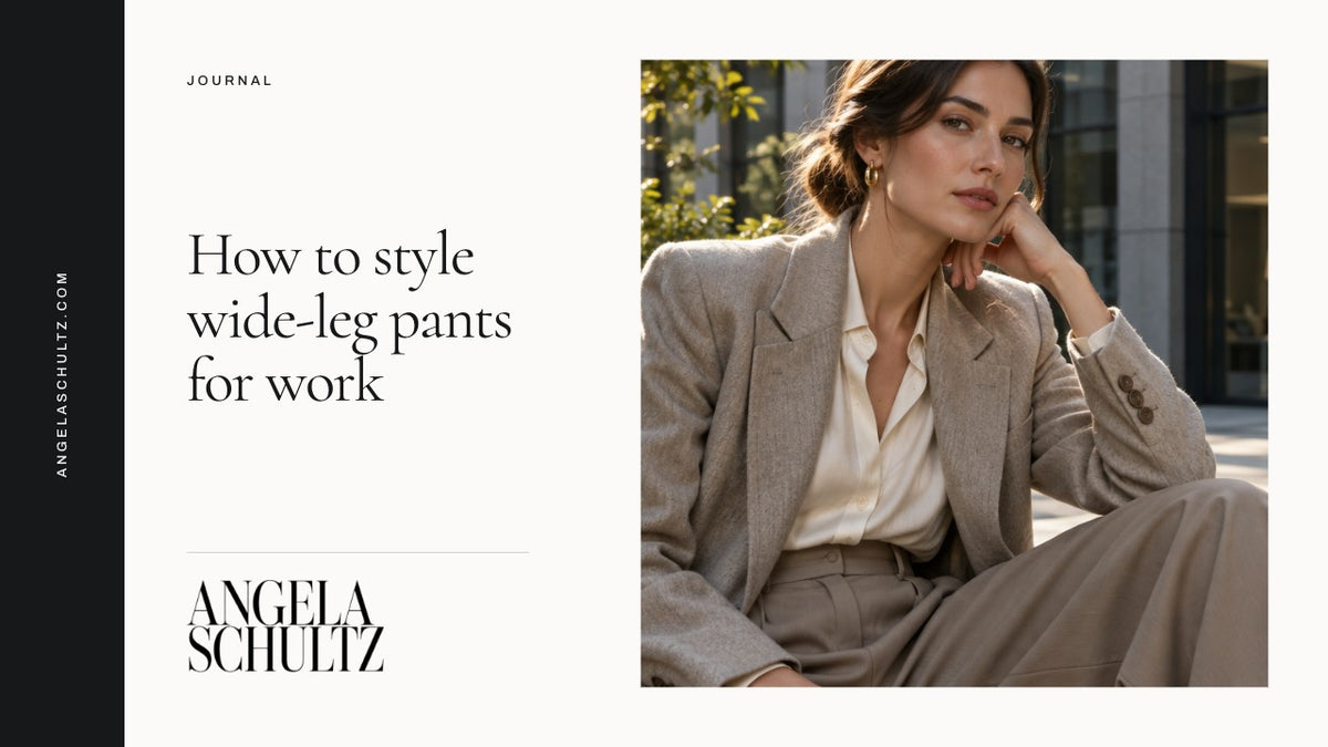 Woman wearing a blazer and wide-leg trousers with the Angela Schultz logo and article headline.