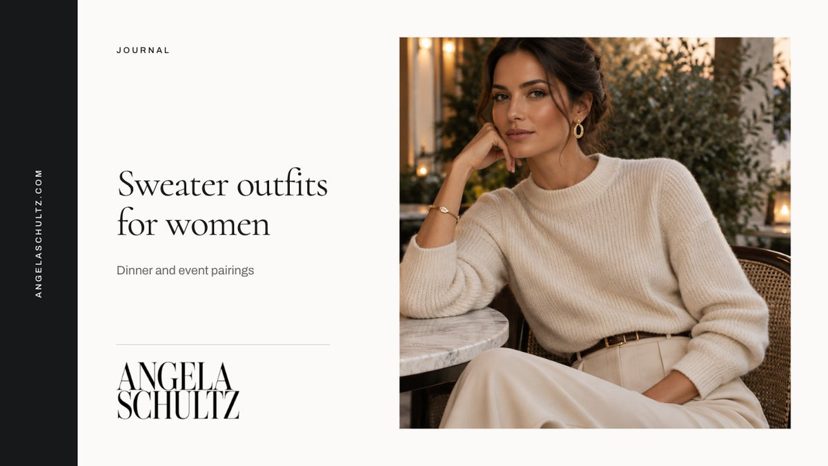 Woman wearing a cream sweater at an evening terrace with the Angela Schultz logo and article headline.