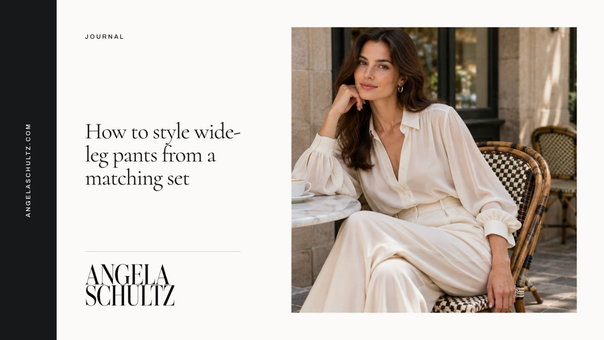 Woman wearing a cream blouse and wide-leg trousers with the Angela Schultz logo and article headline.