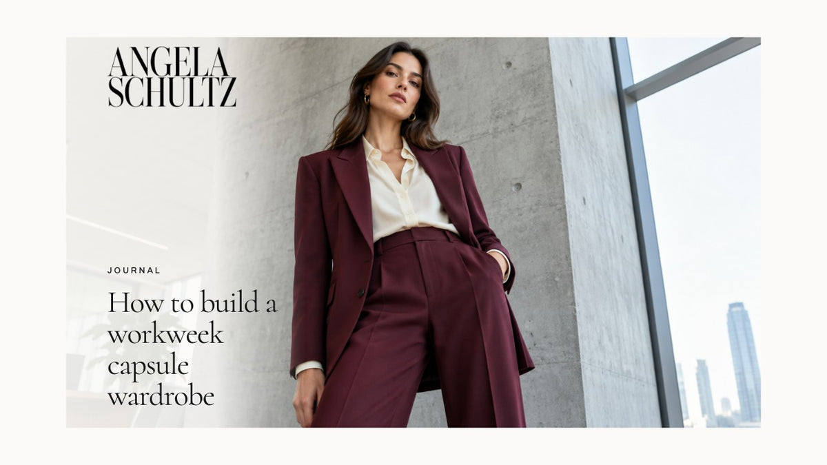 Woman wearing a burgundy suit and cream blouse with the Angela Schultz logo and article headline.