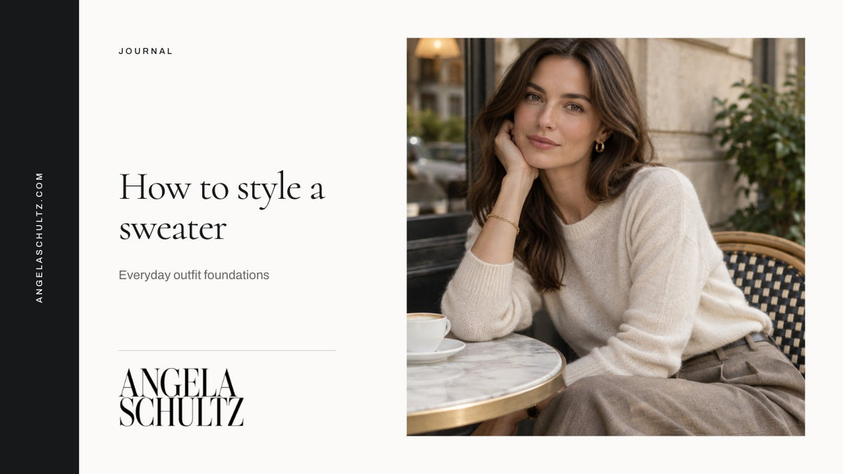 Woman wearing a cream sweater at a café with the Angela Schultz logo and article headline.