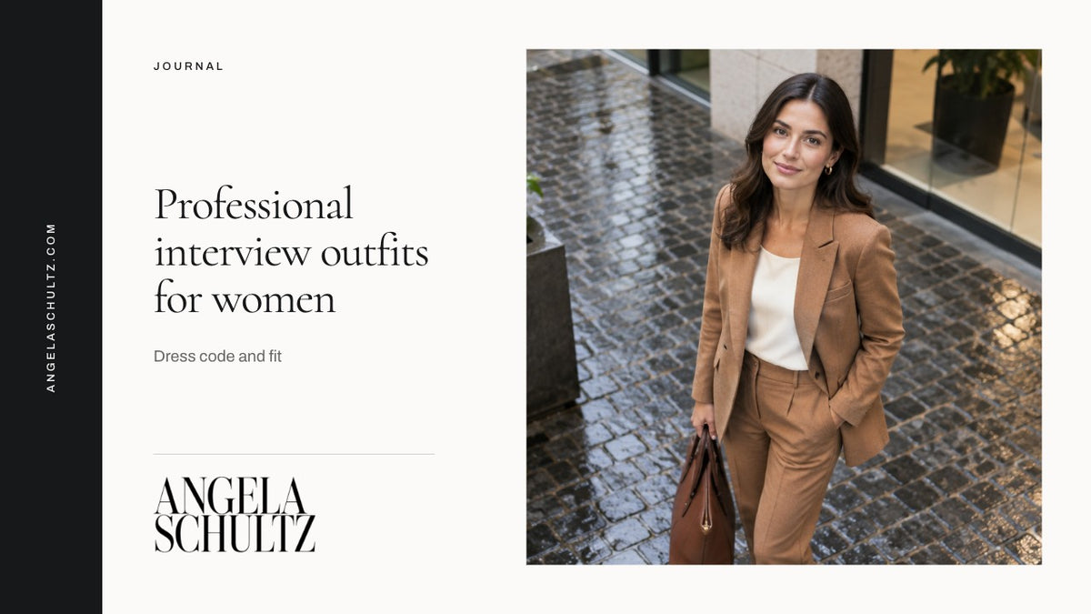 Woman wearing a brown trouser suit with the Angela Schultz logo and article headline.