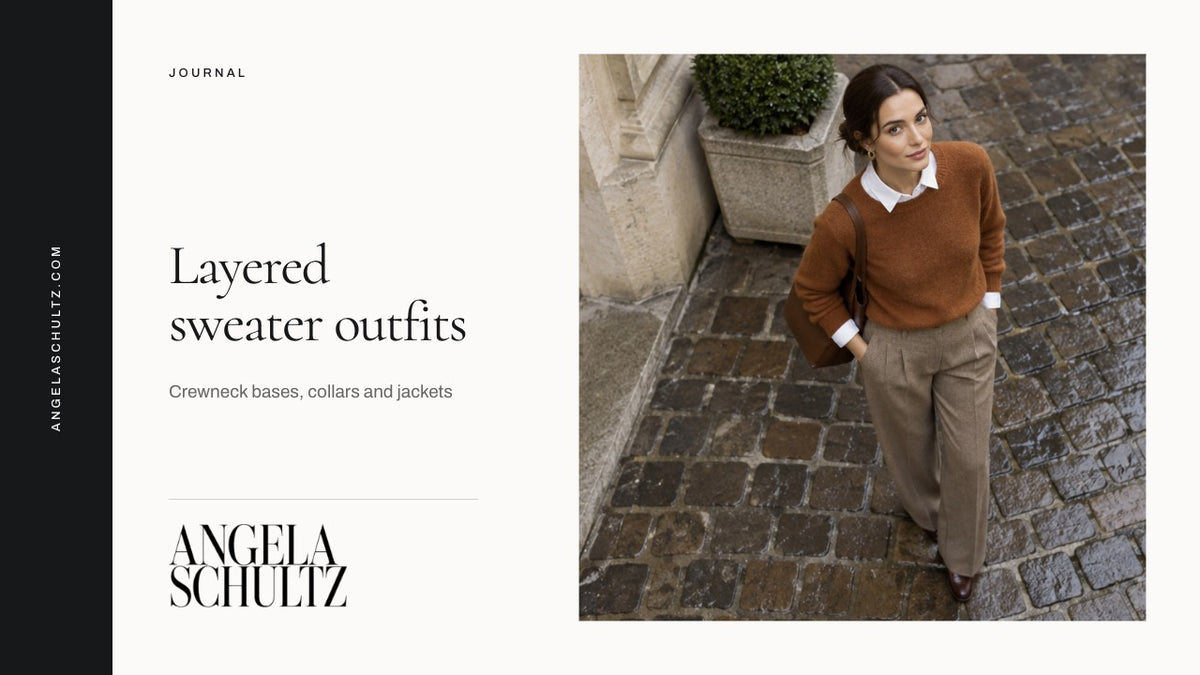 Woman wearing a crewneck sweater over a white shirt with the Angela Schultz logo and article headline.