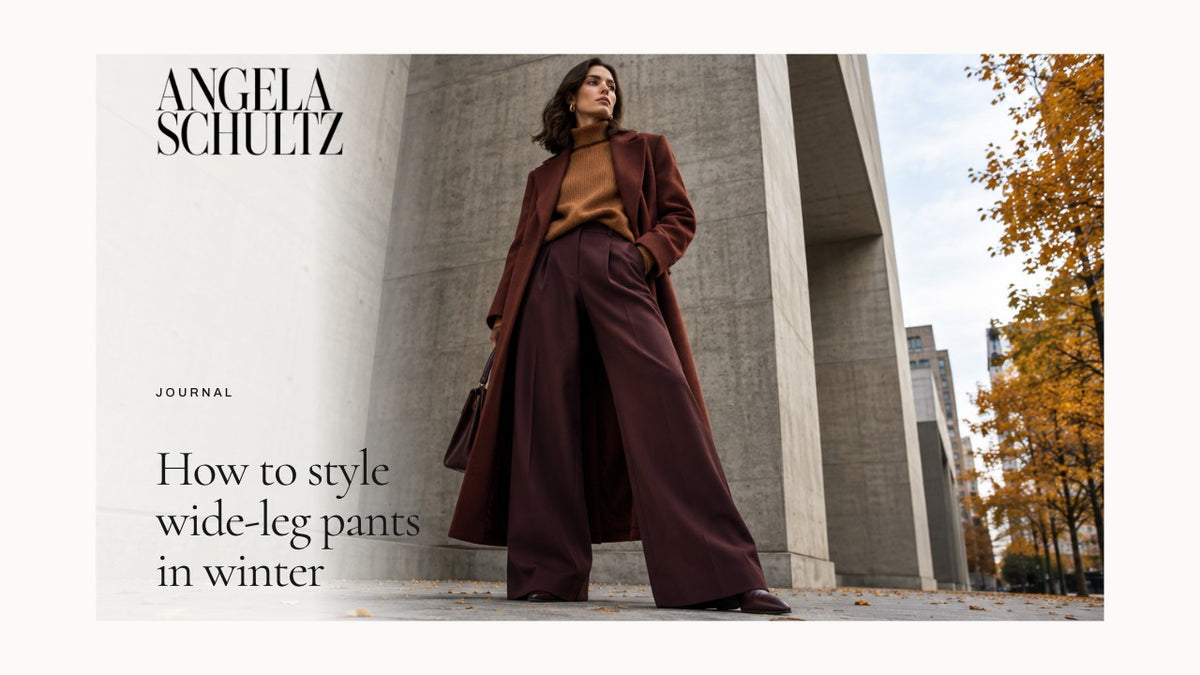 Woman wearing winter layers and wide-leg trousers with the Angela Schultz logo and article headline.