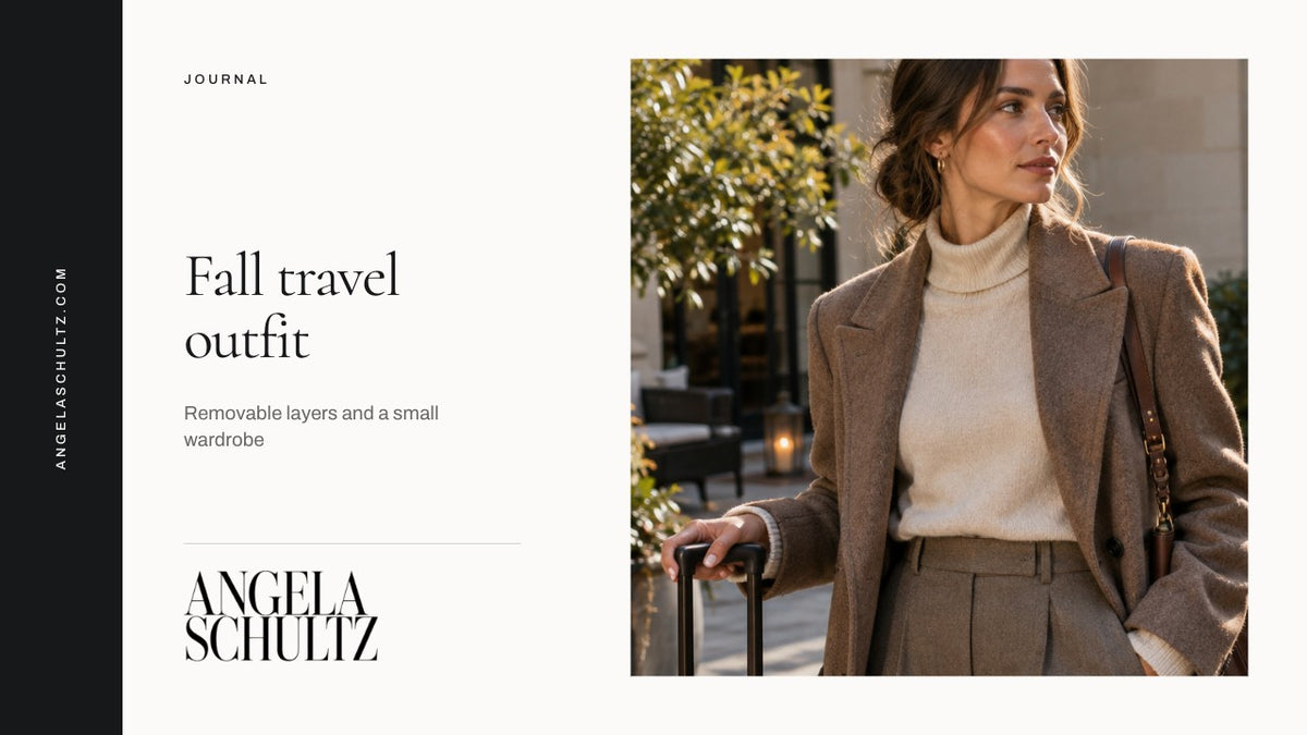 Woman wearing a blazer and knitwear beside luggage with the Angela Schultz logo and article headline.