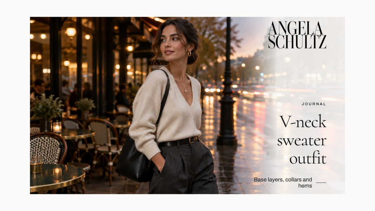 Woman wearing a light V-neck sweater with the Angela Schultz logo and article headline.