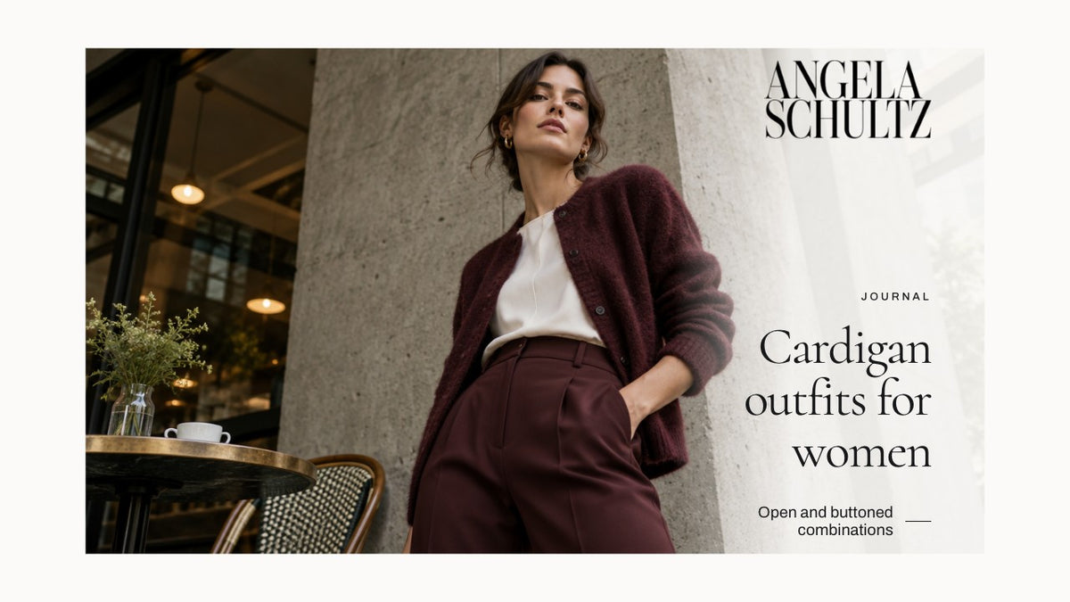 Woman wearing a burgundy cardigan over a light top with the Angela Schultz logo and article headline.