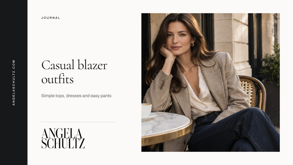 Woman wearing a blazer with casual jeans with the Angela Schultz logo and article headline.