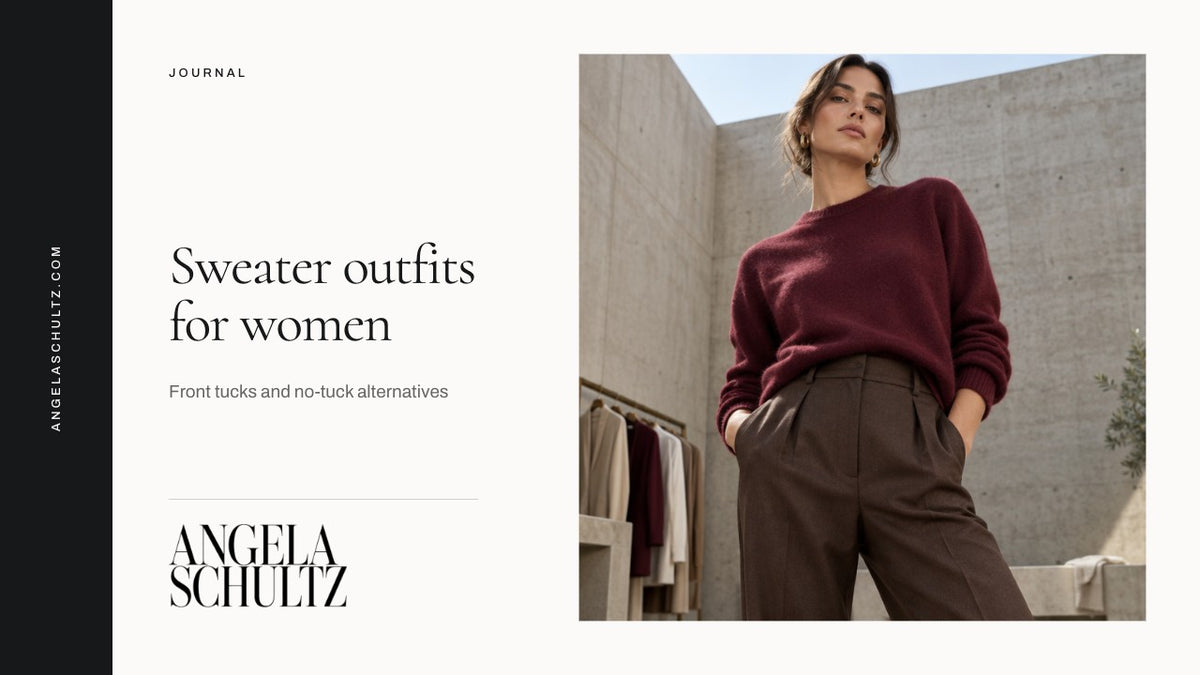 Woman wearing a sweater with a front tuck with the Angela Schultz logo and article headline.