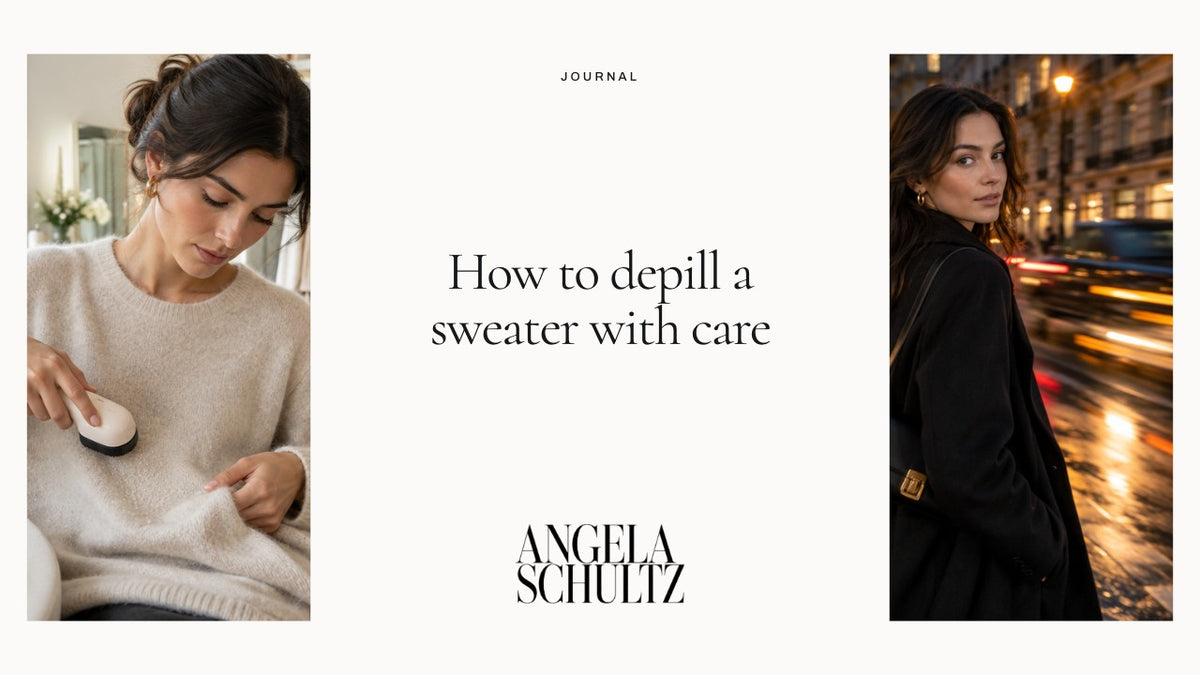 Two views of sweater care at home and evening wear with the Angela Schultz logo and article headline.