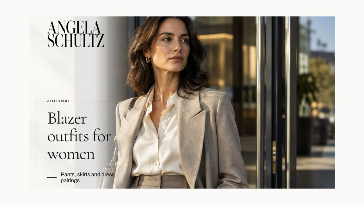Woman wearing a neutral blazer over a light blouse with the Angela Schultz logo and article headline.