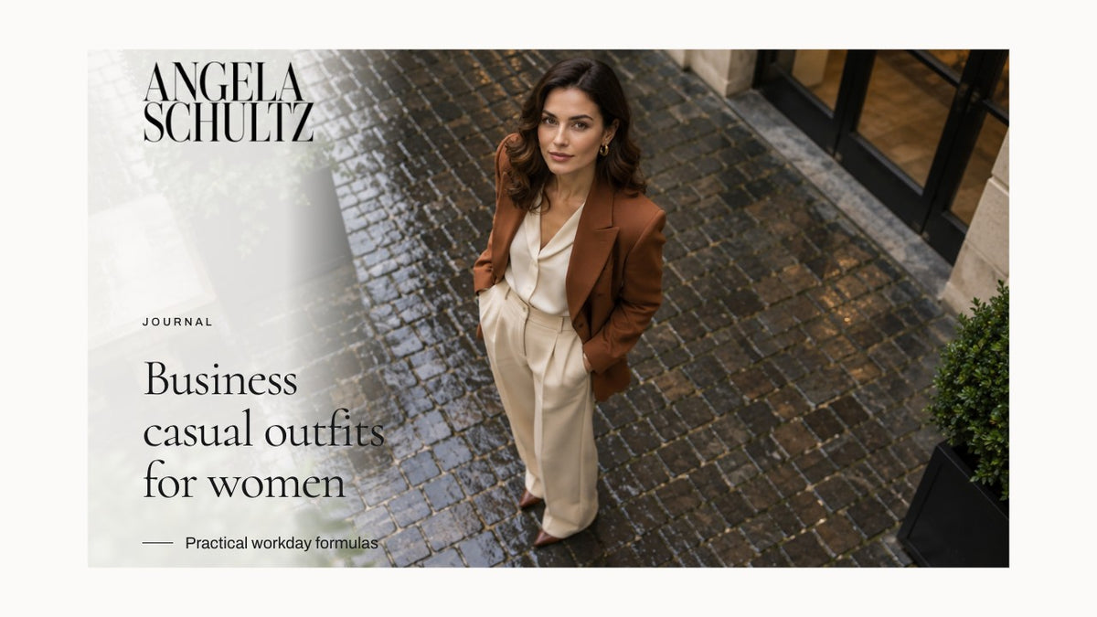 Woman wearing a brown blazer and cream trousers with the Angela Schultz logo and article headline.