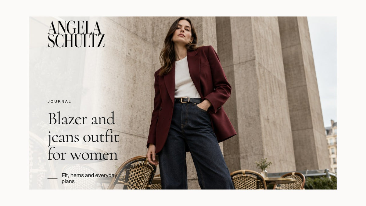 Woman wearing a burgundy blazer with jeans with the Angela Schultz logo and article headline.