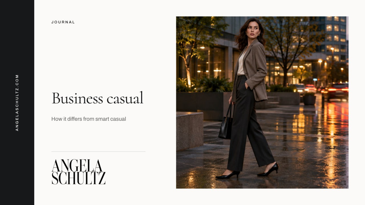 Woman wearing a grey blazer and black trousers with the Angela Schultz logo and article headline.