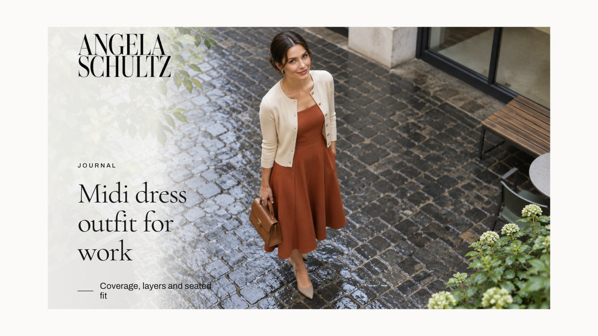 Woman wearing a rust midi dress with a cardigan with the Angela Schultz logo and article headline.