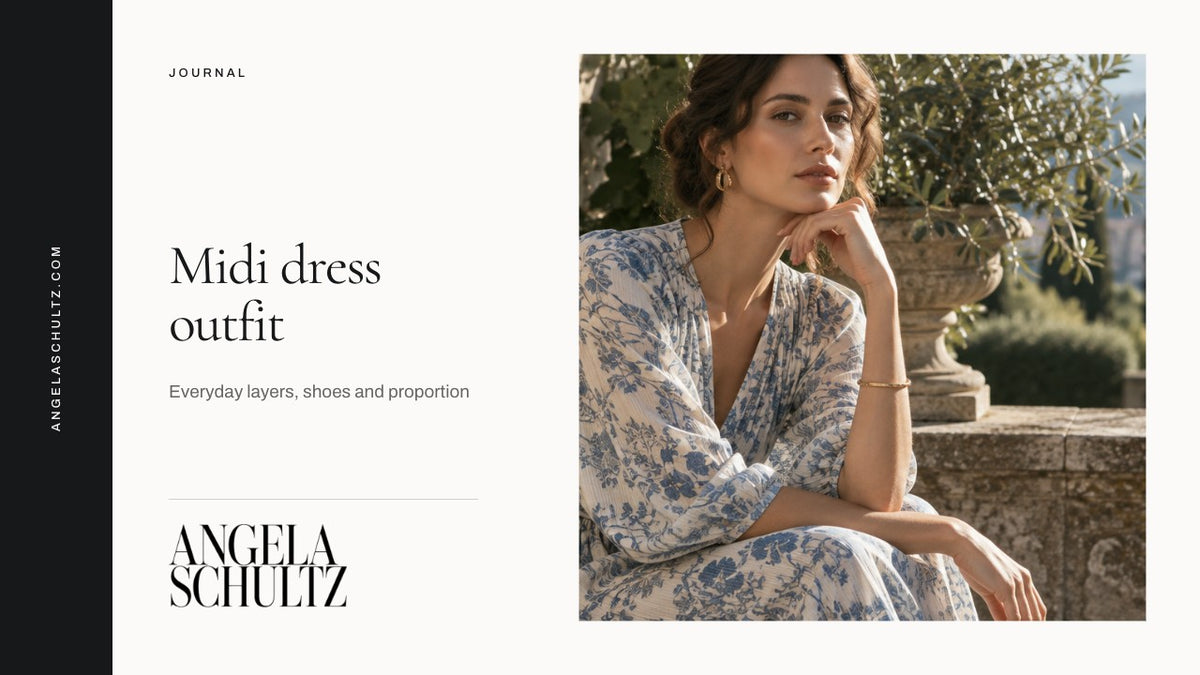 Woman wearing a blue floral midi dress with the Angela Schultz logo and article headline.