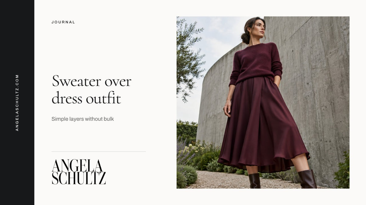 Woman wearing a burgundy sweater over a midi skirt with the Angela Schultz logo and article headline.