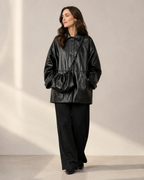 Women's Oversized Faux Leather Utility Jacket with Drawstring in Black With Bag, 01 main, worn by model