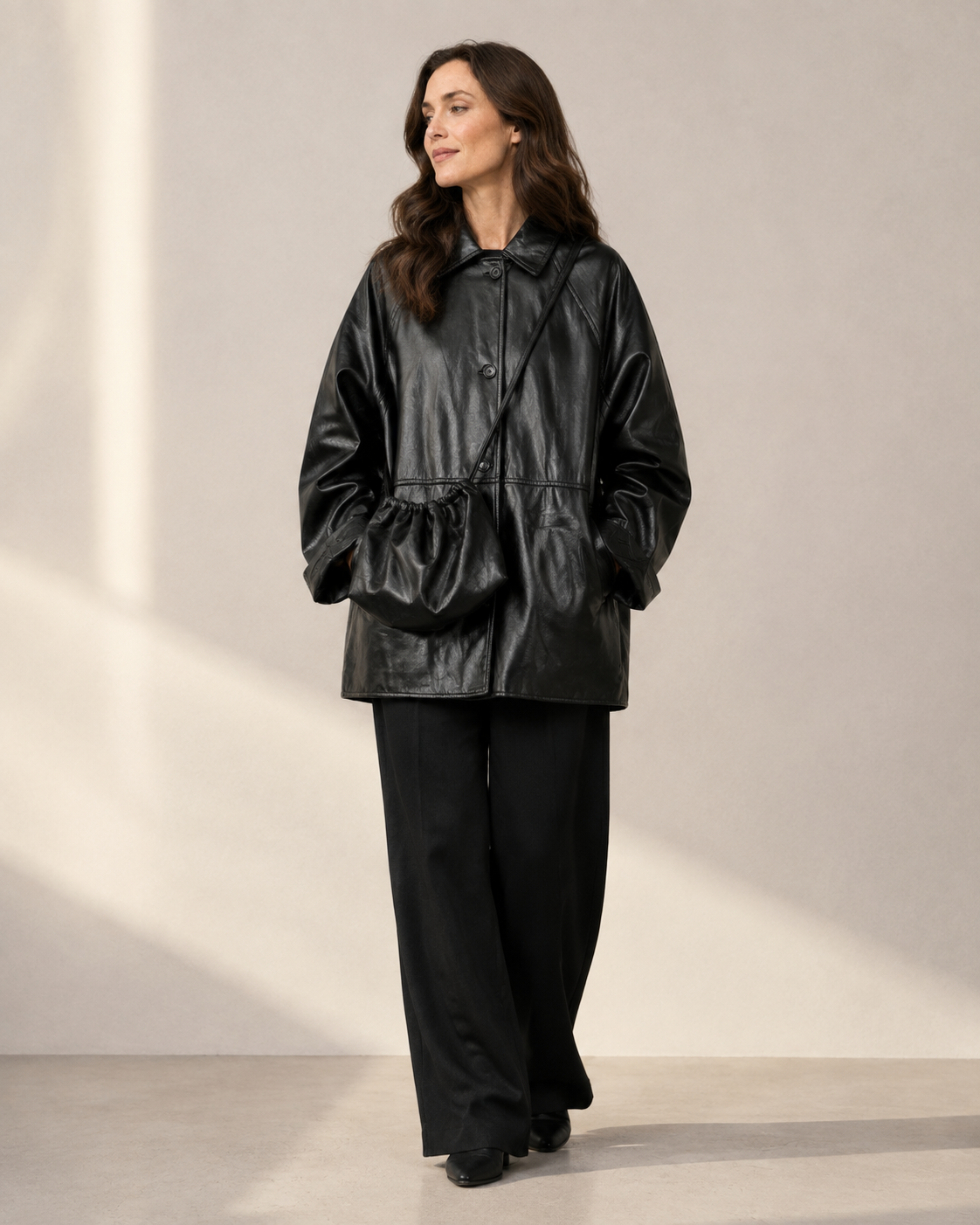 Women's Oversized Faux Leather Utility Jacket with Drawstring in Black With Bag, 01 main, worn by model