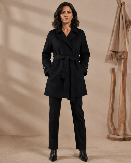 Women's Belted Wool Coat with Chest Flap Pockets in Black, 01 main, worn by model
