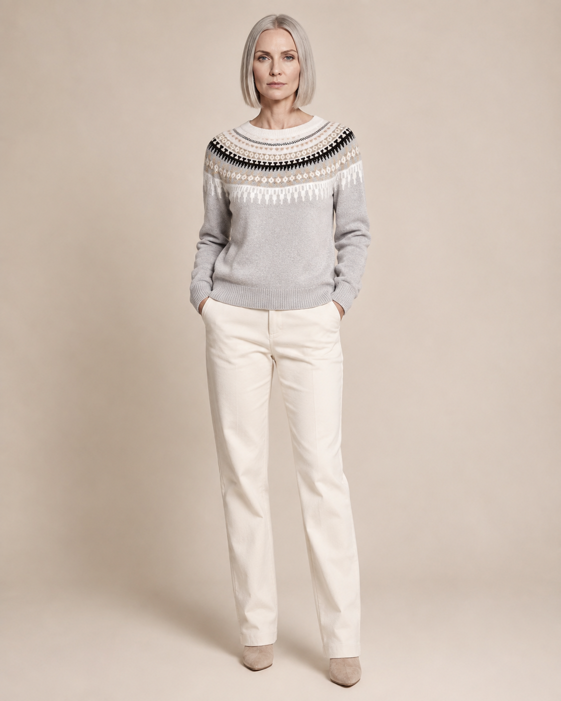 Women's Fair Isle Crewneck Knit Sweater in Light Grey, 01 main, worn by model