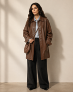Women's Oversized Faux Leather Utility Jacket with Drawstring in Red Brown With Bag, 01 main, worn by model