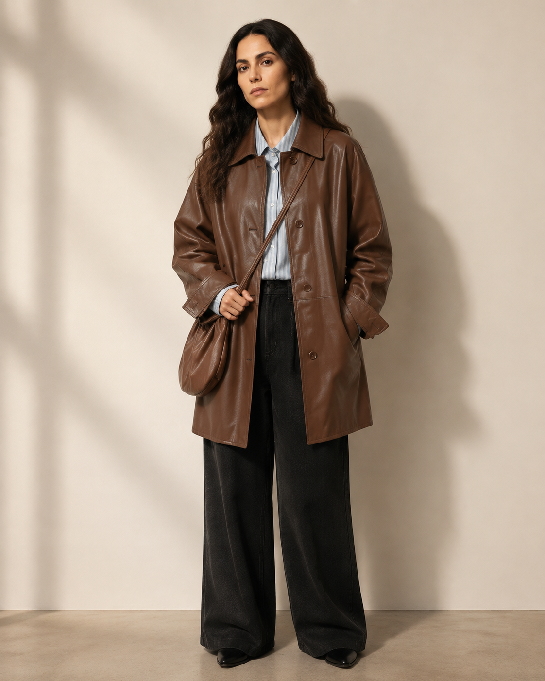 Women's Oversized Faux Leather Utility Jacket with Drawstring in Red Brown With Bag, 01 main, worn by model