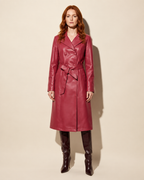 Women's Belted Trench Coat with Notched Collar in Red, 01 main, worn by model