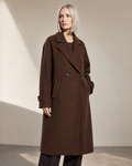Women's Double-Breasted Long Coat with Patch Pockets in Reddish Brown, 01 main, worn by model