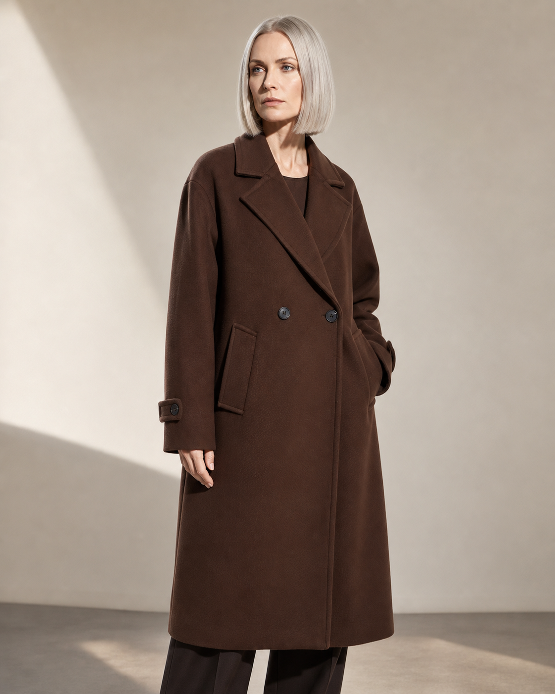 Women's Double-Breasted Long Coat with Patch Pockets in Reddish Brown, 01 main, worn by model