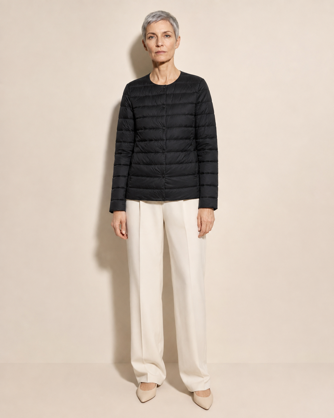 Women's Lightweight Down-Filled Quilted Jacket for Layering in Black, 01 main, worn by model