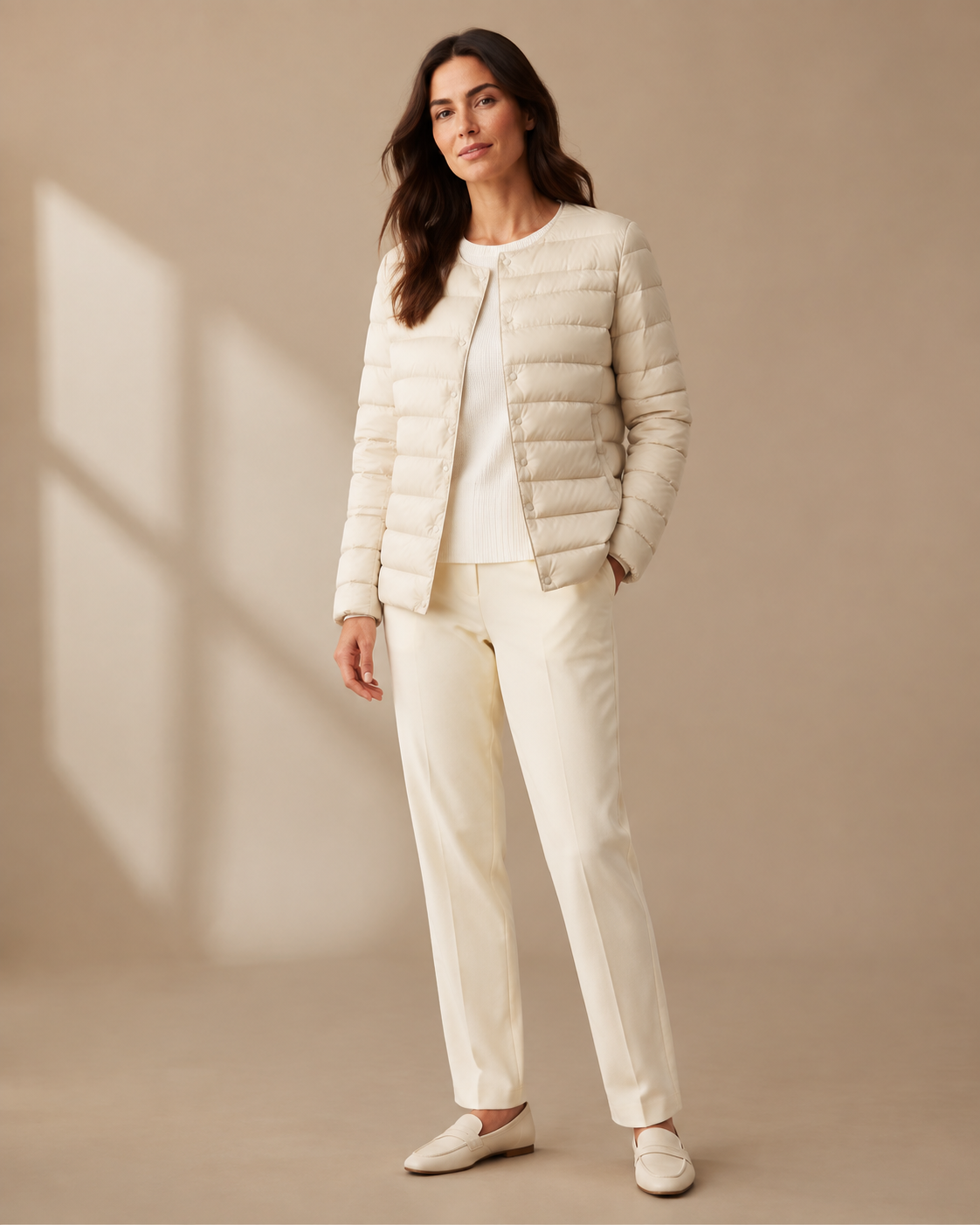 Women's Lightweight Down-Filled Quilted Jacket for Layering in Beige, 01 main, worn by model