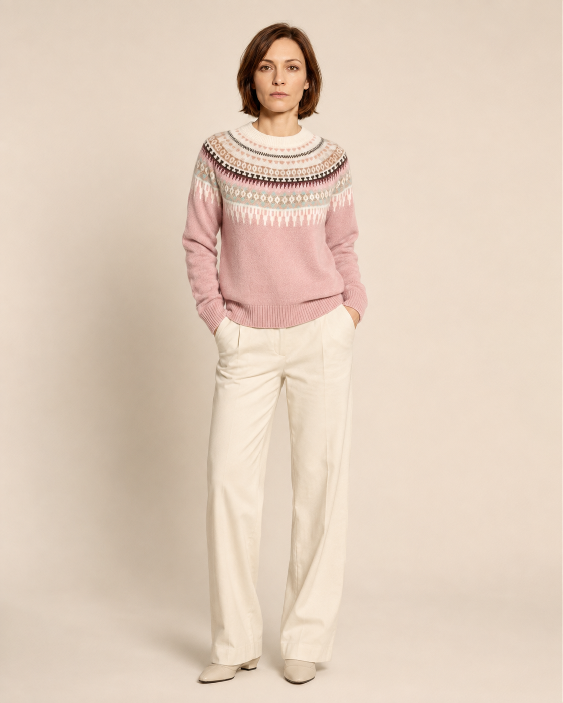 Women's Fair Isle Crewneck Knit Sweater in Pink, 01 main, worn by model