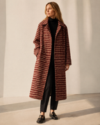 Women's Long Plaid Button-Front Coat for Smart Layering in Red, 01 main, worn by model