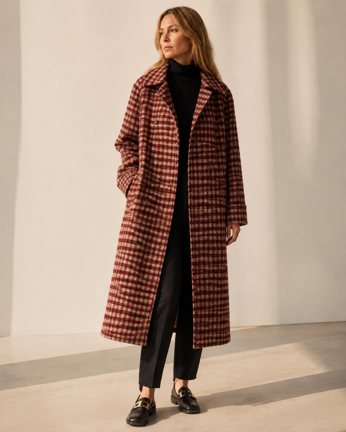 Women's Long Plaid Button-Front Coat for Smart Layering in Red, 01 main, worn by model