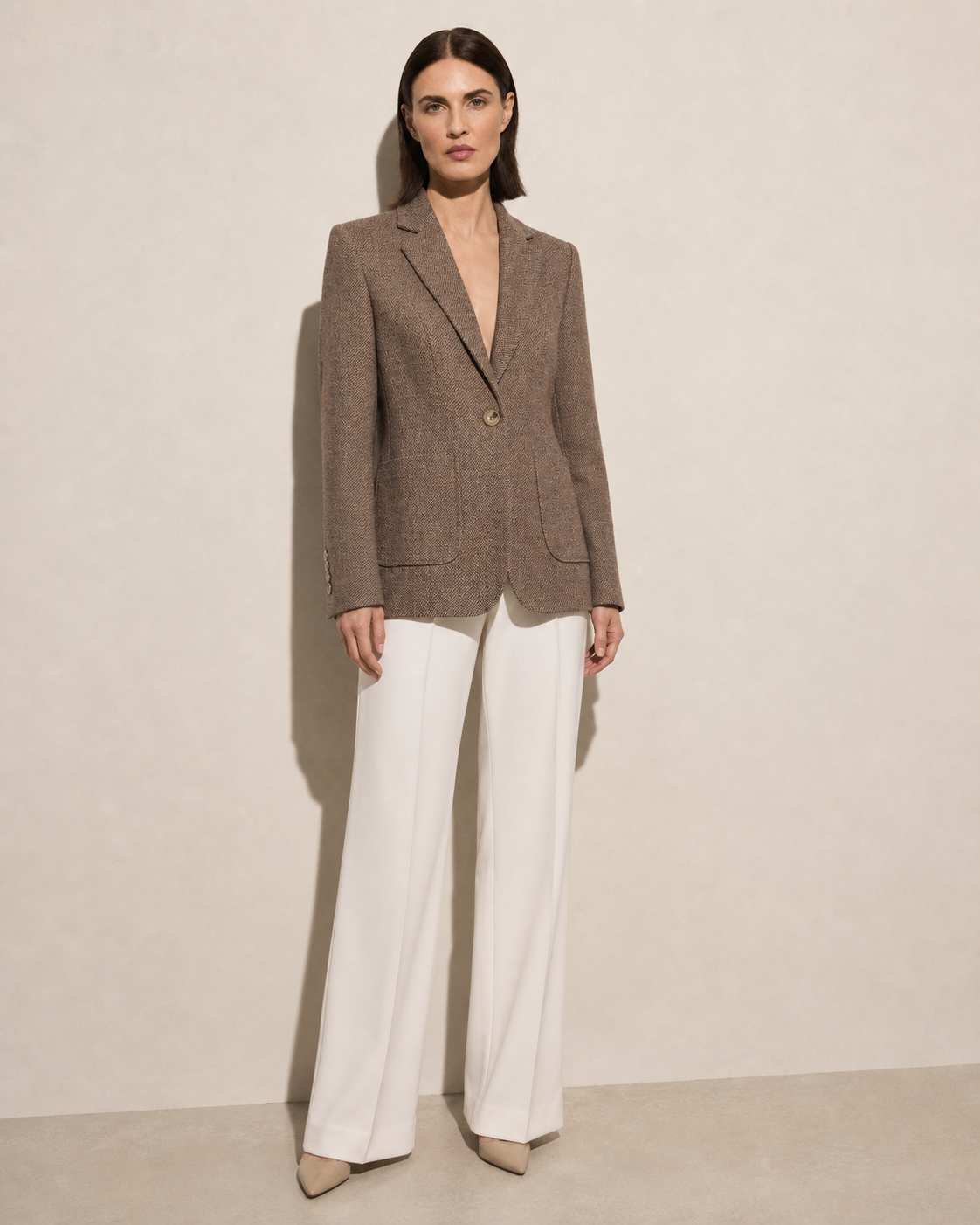 Women's Textured Single-Button Blazer for Smart Layering in Coffee, 01 main, worn by model