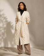 Women's Belted Diamond-Quilted Mid-Length Coat in Creamy White, 01 main, worn by model