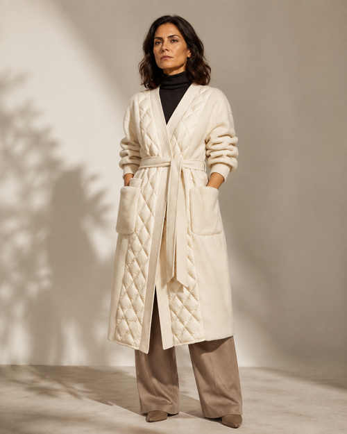 Women's Belted Diamond-Quilted Mid-Length Coat in Creamy White, 01 main, worn by model