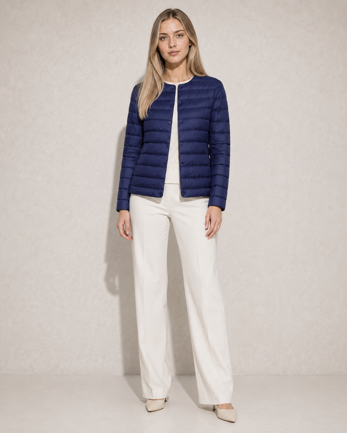 Women's Lightweight Down-Filled Quilted Jacket for Layering in Navy Blue, 01 main, worn by model