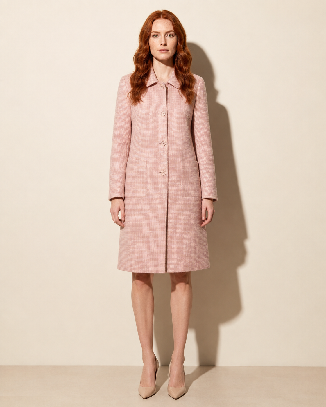 Women's Longline Lapel Coat for Everyday Layering in Pink, 01 main, worn by model