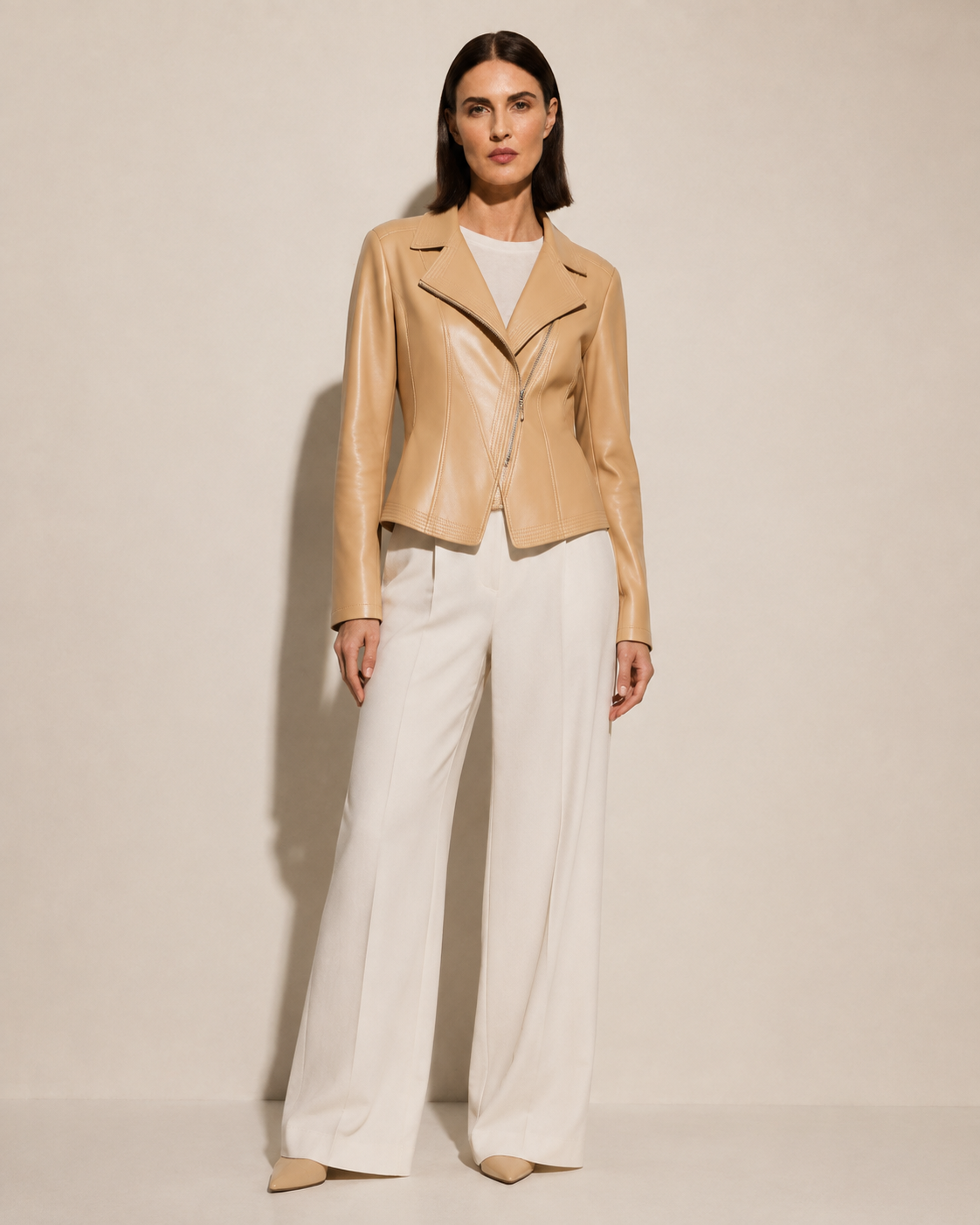 Women's Faux Leather Moto Jacket with Zip Front in Apricot, 01 main, worn by model