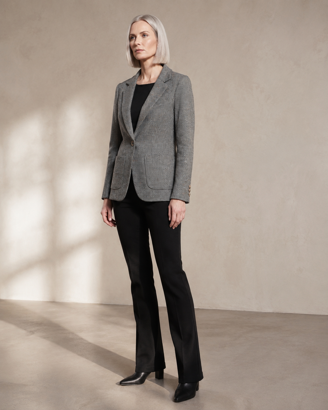 Women's Textured Single-Button Blazer for Smart Layering in Gray, 01 main, worn by model