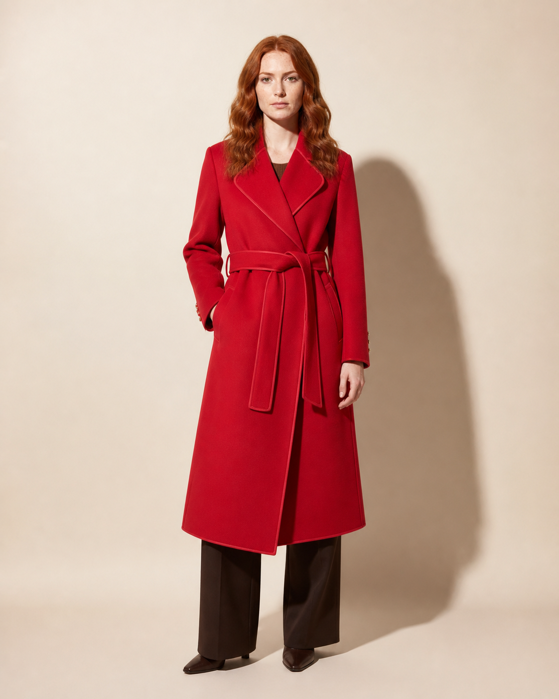 Women's Belted Wrap Coat with Draped Hem in Red, 01 main, worn by model